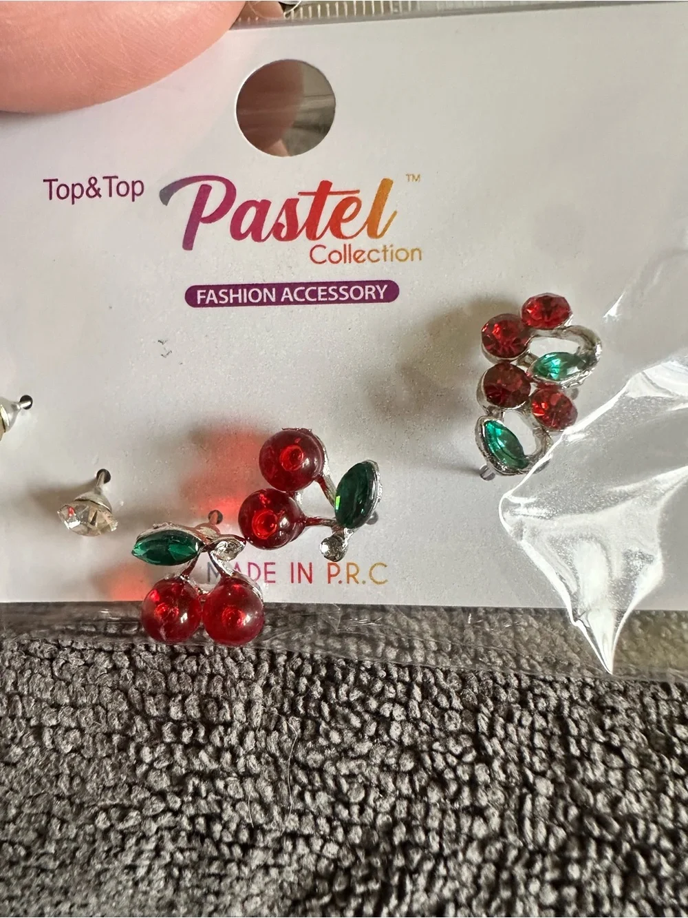 Pastel Collection Red Cherry Crystal Stud Earrings with Green Leaves